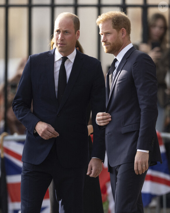 Le prince de Galles William, le prince Harry, duc de Sussex à la rencontre de la foule devant le château de Windsor, suite au décès de la reine Elisabeth II d'Angleterre. Le 10 septembre 2022 