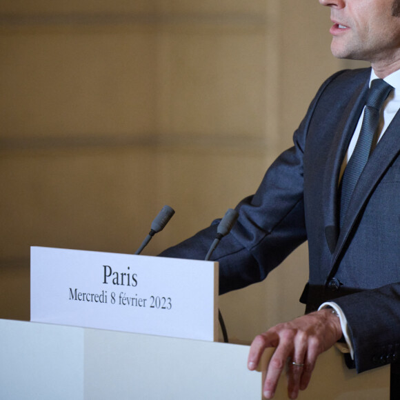 Conférence de presse commune de Macron, Zelensky et Scholz - Le président de l'Ukraine Volodymyr Zelensky est venu à Paris pour une rencontre avec le président Emmanuel Macron et le chancelier Olaf Scholz le 8 février 2023. © Ukraine Presidency via Bestimage 