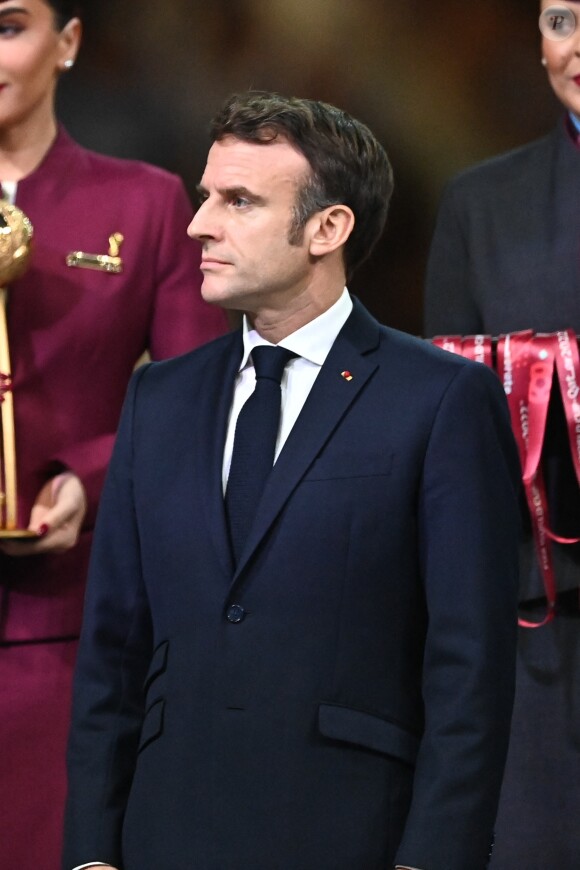 Le président Emmanuel Macron lors de la finale " Argentine - France " de la Coupe du Monde 2022 au Qatar (FIFA World Cup Qatar 2022) le 18 Decembre 2022. © Philippe Perusseau / Bestimage 