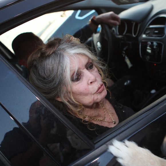 Exclusif - Brigitte Bardot arrive pour poser avec l'équipage de Brigitte Bardot Sea Shepherd, le célèbre trimaran d'intervention de l'organisation écologiste, sur le port de Saint-Tropez, le 26 septembre 2014.