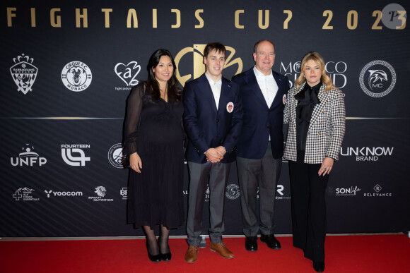 Louis Ducruet et sa femme Marie (enceinte), le prince Albert II de Monaco, Camille Gottlieb - Photocall de la 3ème édition de la Fight Aids Cup à l'occasion du 45ème festival international du cirque de Monte-Carlo à l'hôtel Fairmont à Monaco le 23 janvier 2023. © Olivier Huitel/Pool/Bestimage 