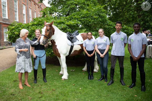 La duchesse de Cornouailles rencontre des invités lors d'une réception pour le club Ebony Horse (Brixton) à Clarence House à Londres. Le 9 juillet 2019. 