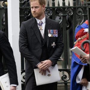 Sortie de la cérémonie de couronnement du roi d'Angleterre à l'abbaye de Westminster de Londres Le prince Harry, duc de Sussex lors de la cérémonie de couronnement du roi d'Angleterre à Londres, Royaume Uni, le 6 mai 2023.