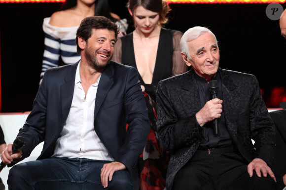 Patrick Bruel et Charles Aznavour à l'enregistrement de l'émission "Hier Encore" N°2 à l'Olympia de Paris, le 10 janvier 2013. © Borde-Moreau / Bestimage