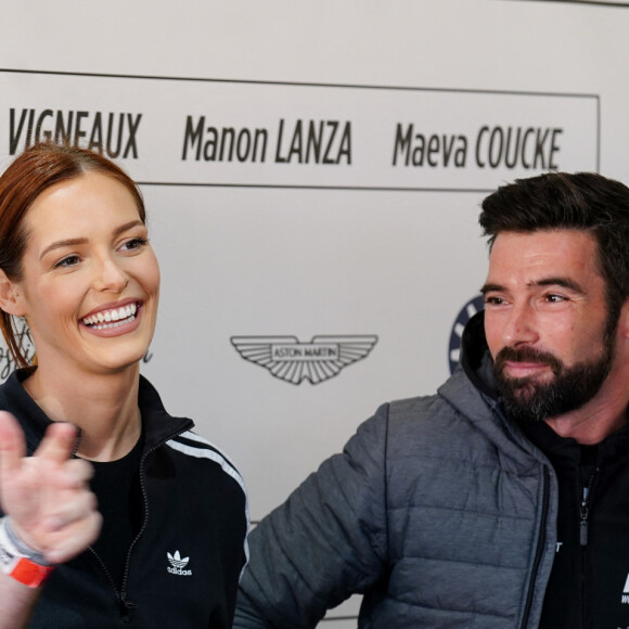 Exclusif - Maëva Coucke (pour l'association Les bonnes fées) et son co-pilote Jean-Baptiste Dessort lors de la 4ème édition du challenge automobile caritatif "Talon Piste" sur le circuit Bugatti au Mans le 19 mars 2023.  © Anne-Sophie Guebey / Bestimage 