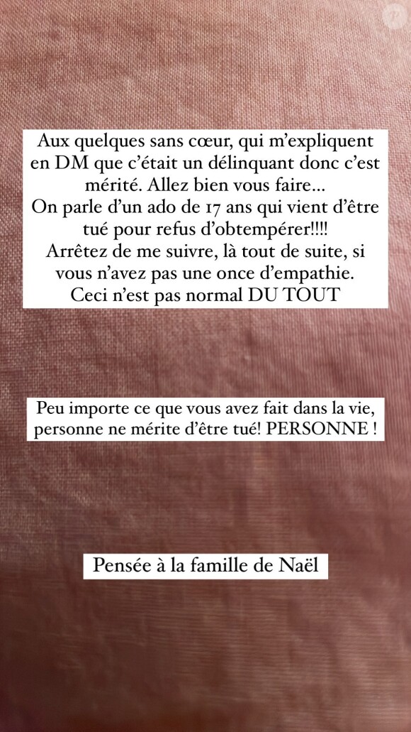 "Aux quelques sans coeur, qui m'expliquent en messages privés que c'était un délinquant donc c'est mérité. Allez bien vous faire...", lâche ensuite Clémentine Sarlat