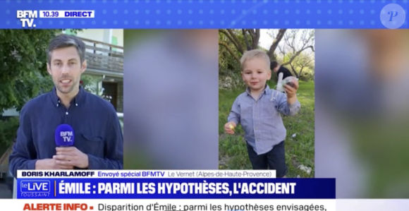 Capture d'écran des reportages de BFMTV consacrés à la disparition d'Emile, l'enfant de 2 ans et demi porté disparu depuis le 8 juillet 2023.