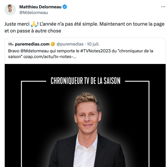 "Juste merci ! L'année n'a pas été simple. Maintenant on tourne la page et on passe à autre chose", s'est-il félicité sur le réseau social à l'oiseau bleu. Une publication qui n'a laissé personne de marbre...