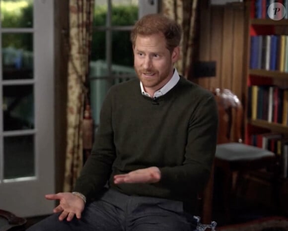 Captute d'écran du prince Harry lors d'un interview par l'animateur Anderson Cooper sur la chaîne américaine CBS pour l'émission "60 Minutes" avant la sortie de son autobiographie, aux Etats-Unis. © JLPPA/Bestimage 