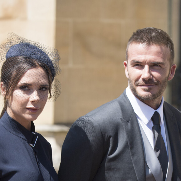 David Beckham et sa femme Victoria - Sortie de la chapelle St. George au château de Windsor, Royaume Uni, le 19 mai 2018.