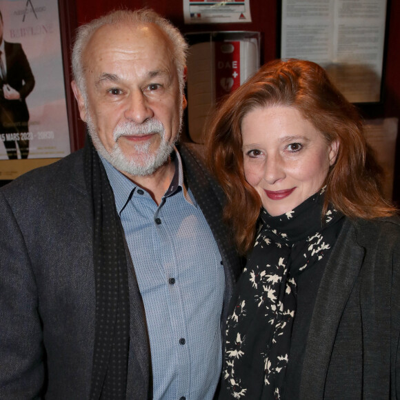 Exclusif - Francis Perrin et sa femme Gersende Dufromentel  - People à la représentation de la pièce de théâtre "Un président ne devrait pas dire ça..." au Théâtre Libre à Paris. Le 15 mars 2023 © Bertrand Rindoff / Bestimage 