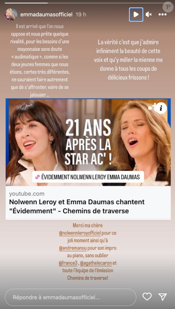 Emma Daumas a repartagée la séquence en story Instagram et s'est livrée sur leur relation. "Il est arrivé que l'on nous oppose et nous prête quelque rivalité pour les besoin d'une mayonnaise sans doute "audimatique'", a assuré l'artiste.