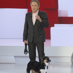 Michel Drucker et sa chienne Izia - Enregistrement de l'émission "Vivement Dimanche", qui sera diffusée le 10 janvier 2016, au studio Gabriel à Paris, le 6 janvier 2016. © Guirec Coadic/Bestimage 