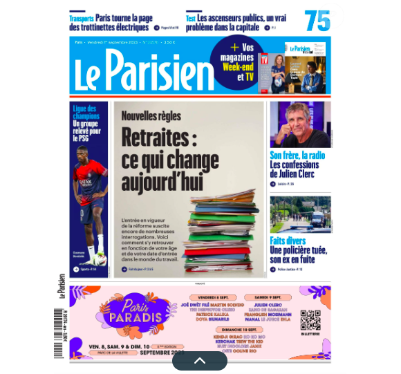 Couverture du "Parisien", paru le 1er septembre 2023.