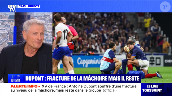 Un choc très violent.
Images chocs et nouvelles d'Antoine Dupont après sa blessure contre la Namibie, "BFMTV".