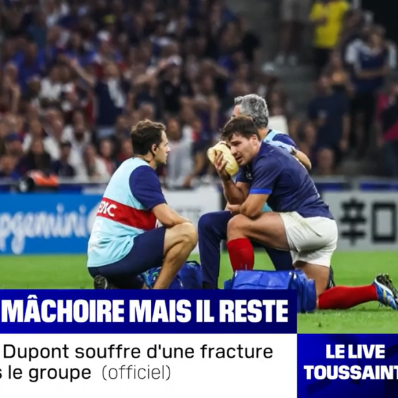 Un choc très violent.
Images chocs et nouvelles d'Antoine Dupont après sa blessure contre la Namibie, "BFMTV".