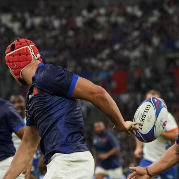 Louis Bielle-Biarrey (France) - Antoine Dupont (France) - Coupe du Monde de Rugby France 2023 du match de Poule A entre la France et la Namibie (96-0) au stade Velodrome à Marseille le 21 septembre 2023. 