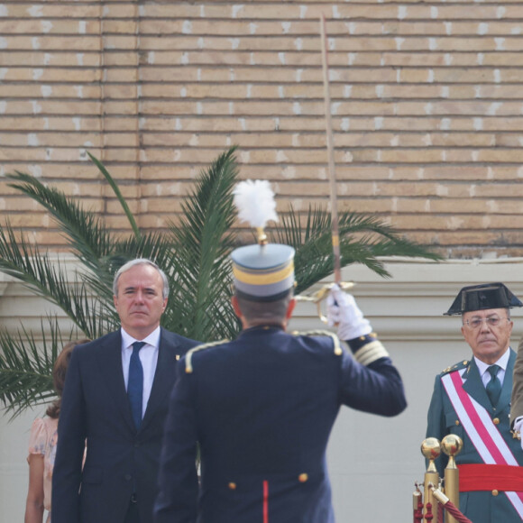 Le roi Felipe VI et la reine Letizia d'Espagne, lors de la prestation de serment du drapeau au Patio de Armas de l'Académie Générale Militaire de Saragosse,Espagne, le 7 octobre 2023. 