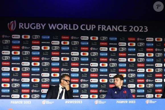 October 15, 2023, Paris, Seine-Saint-Denis, France: Headcoach FABIEN GALTHIE and team captain ANTOINE DUPONT of France in the press conference following the Quarterfinal between France and South Africa of the Rugby World Cup 2023 (Credit Image: © Mickael Chavet/ZUMA Press Wire) 