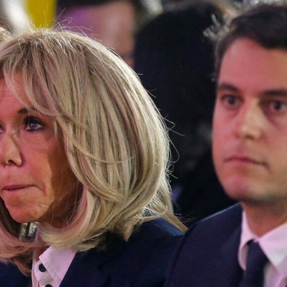 Gabriel Attal (ministre de l'Éducation nationale) et Brigitte Macron, Première Dame française lors de la journée nationale de la lutte contre le harcèlement à l'école au lycée Pierre-Gilles de Gennes - ENCPB à Paris, France, le 7 novembre 2023. © Jonathan Rebboah/Panoramic/Bestimage