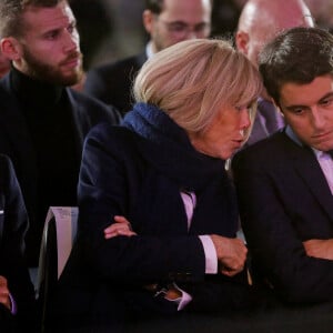 Gabriel Attal (ministre de l'Éducation nationale) et Brigitte Macron, Première Dame française lors de la journée nationale de la lutte contre le harcèlement à l'école au lycée Pierre-Gilles de Gennes - ENCPB à Paris, France, le 7 novembre 2023. © Jonathan Rebboah/Panoramic/Bestimage