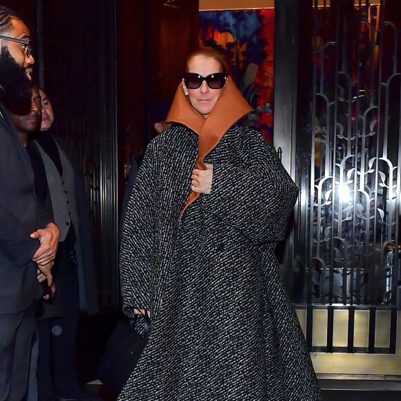 Céline Dion porte un manteau surdimensionné JW Anderson à New York City, New York, Etats-Unis, le 6 mars 2020.