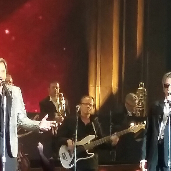Eddy Mitchell, Johnny Hallyday et Jacques Dutronc - Premier concert "Les Vieilles Canailles" au POPB de Paris-Bercy à Paris, du 5 au 10 novembre 2014. 