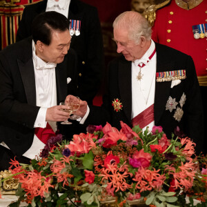 Charles III a levé son verre en son honneur, accompagné par son épouse Camilla
Le président sud-coréen Yoon Suk Yeol et le roi Charles III - Dîner d'Etat en l'honneur du président sud-coréen à Londres, au Buckingham Palace le 21 novembre 2023 © Yui Mok/PA Wire/ABACAPRESS.COM