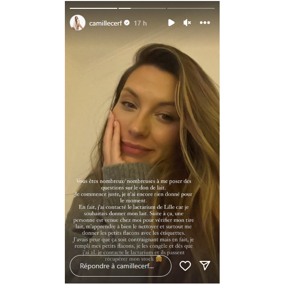 Sur Instagram, Camille Cerf annonce faire don de son lait maternel.
Camille Cerf, jeune maman d'un petit Malo né fin août dernier, révèle faire don de son lait maternel.