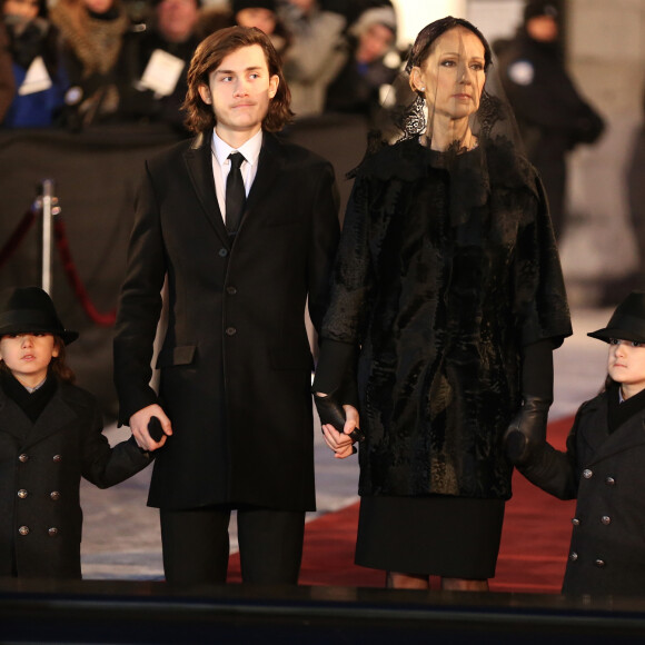 Céline Dion, ses enfants René-Charles Angélil, les jumeaux Nelson Angélil et Eddy Angélil - Sorties des obsèques nationales de René Angélil en la Basilique Notre-Dame de Montréal, le 22 janvier 2016.© Morgan Dessales/Bestimage 