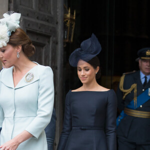 Kate Catherine Middleton, duchesse de Cambridge, Meghan Markle, duchesse de Sussex (habillée en Dior Haute Couture par Maria Grazia Chiuri) - La famille royale d'Angleterre à la sortie de l'abbaye de Westminster pour le centenaire de la RAF à Londres. Le 10 juillet 2018