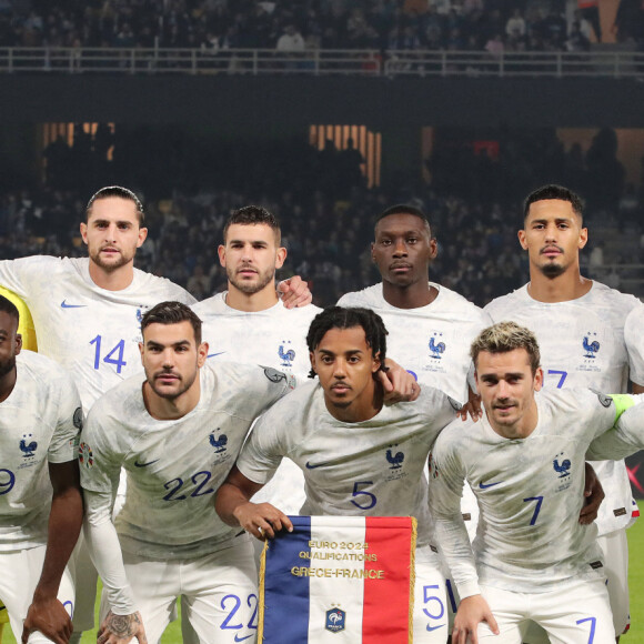 Equipe de France Brice Samba - Adrien Rabiot - Lucas Hernandez- Randal Kolo Muani - William Salima - Olivier Giroud - Youssouf Fofana - Theo Hernandez - Jules Kounde - Antoine Griezmann - Ousmane Dembele - Match de qualification pour l'Euro2024 "Grèce - France (2-2)" à Athènes, le 21 novembre 2023.