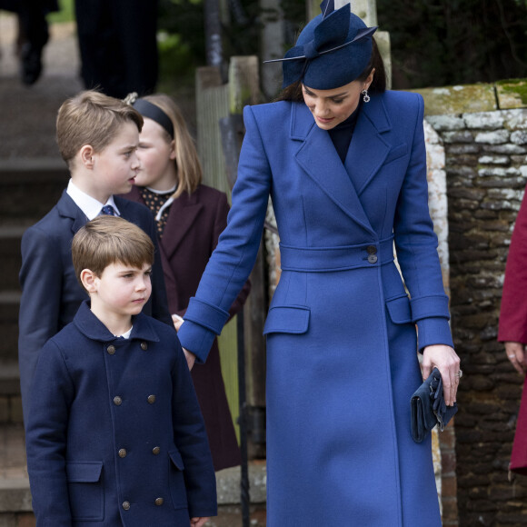 Catherine (Kate) Middleton, princesse de Galles, le prince George de Galles et le prince Louis de Galles - Les membres de la famille royale britannique lors de la messe du matin de Noël en l'église St-Mary Magdalene à Sandringham, le 25 décembre 2023.