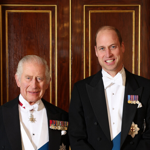 La reine consort Camilla, le roi Charles III d'Angleterre, le prince William, prince de Galles, Catherine Kate Middleton, princesse de Galles. La famille royale du Royaume Uni lors d'une réception pour les corps diplomatiques au palais de Buckingham à Londres le 5 décembre 2023 