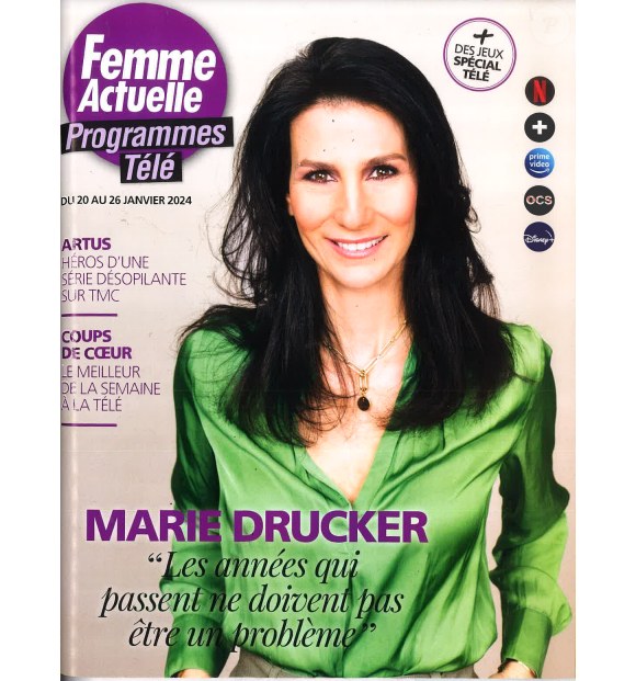 Ces quelques rares confidences, Marie Drucker les a faites dans "Femme actuelle", dont elle fait la couverture.
Marie Drucker en couverture de "Femme actuelle", en vente le 15 janvier 2024.