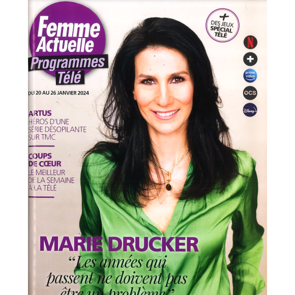 Ces quelques rares confidences, Marie Drucker les a faites dans "Femme actuelle", dont elle fait la couverture.
Marie Drucker en couverture de "Femme actuelle", en vente le 15 janvier 2024.