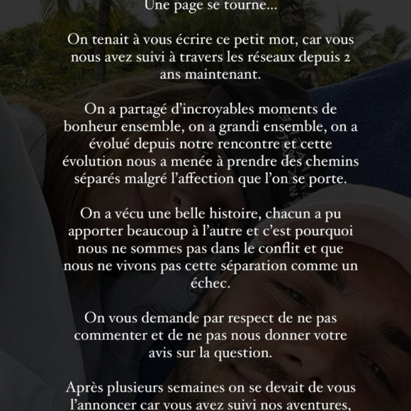 L'ex-couple a annoncé, sur Instagram, sa séparation samedi 3 février 2024.
Capture d'écran Instagram 