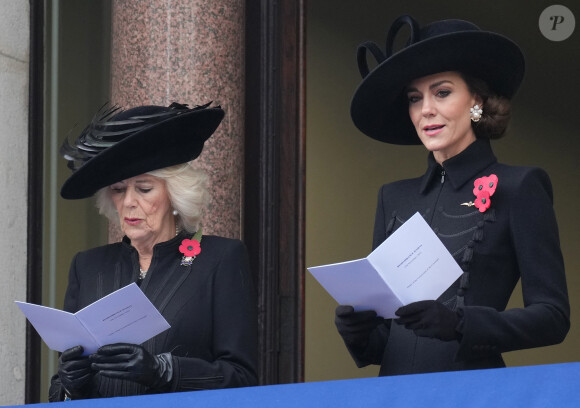 Camilla Parker Bowles, reine consort d'Angleterre, Catherine (Kate) Middleton, princesse de Galles - La famille royale honore les disparus des deux guerres mondiales lors de la cérémonie Remembrance Sunday ( Dimanche du souvenir ) au Cénotaphe à Londres le 12 novembre 2023. 