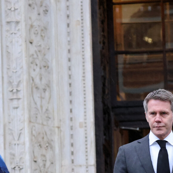 Le prince Emmanuel-Philibert de Savoie et sa mère Marina Ricolfi-Doria - Sorties des funérailles du prince Victor Emmanuel de Savoie en la basilique de Superga près de Turin le 10 février 2024. © Dominique Jacovides/Bestimage 