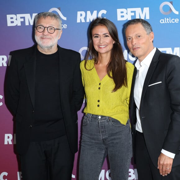 Laurent Ruquier, Julie Hammett et Marc-Olivier Fogiel lors de la conférence de presse de rentrée BFM TV. - RMC du groupe Altice France à Paris, France, le 31 août 2023. © Coadic Guirec/Bestimage