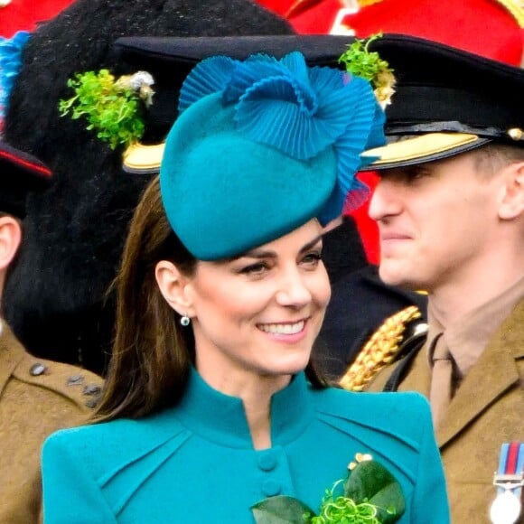 Catherine (Kate) Middleton, princesse de Galles, lors de l'assemblée annuelle des Irish Guards Parade de la St Patrick aux Mons Barracks à Aldershot, Royaume Uni le 17 mars 2023.