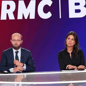 Arthur Dreyfuss et Apolline de Malherbe lors de la conférence de presse de rentrée BFM TV. - RMC du groupe Altice France à Paris, France, le 31 août 2023. © Coadic Guirec/Bestimage