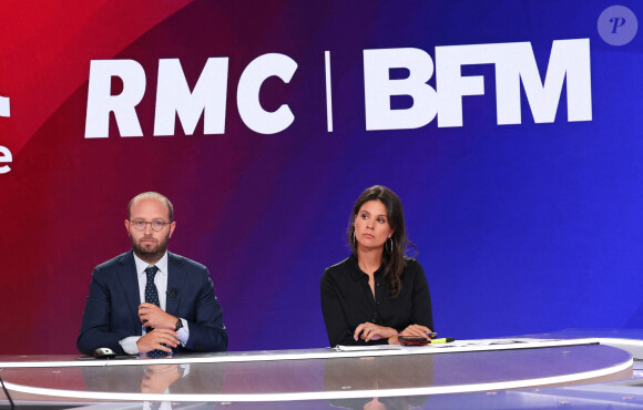 Arthur Dreyfuss et Apolline de Malherbe lors de la conférence de presse de rentrée BFM TV. - RMC du groupe Altice France à Paris, France, le 31 août 2023. © Coadic Guirec/Bestimage