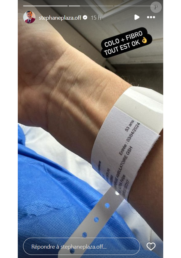 Stéphane Plaza depuis son lit d'hôpital, où il est admis pour une fribroscopie ainsi qu'une coloscopie, le 3 avril 2024 sur Instagram.