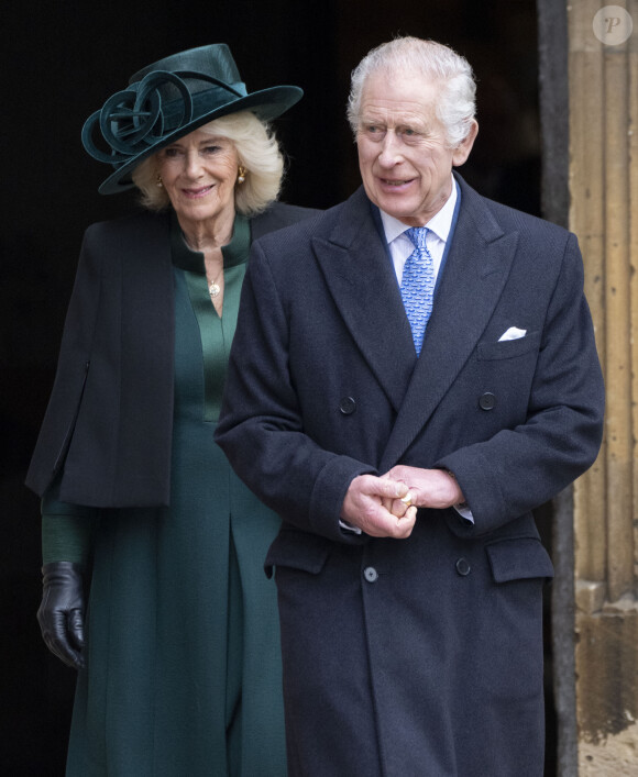 Le roi Charles III d'Angleterre et Camilla Parker Bowles, reine consort d'Angleterre - Les membres de la famille royale britannique arrivent à la chapelle Saint-George pour assister à la messe de Pâques. Windsor, le 31 mars 2024.  31 March 2024. Members of The Royal Family attend the Easter Mattins Service at St. George's Chapel, Windsor Castle on Easter Sunday. Here, King Charles III, Queen Camilla 