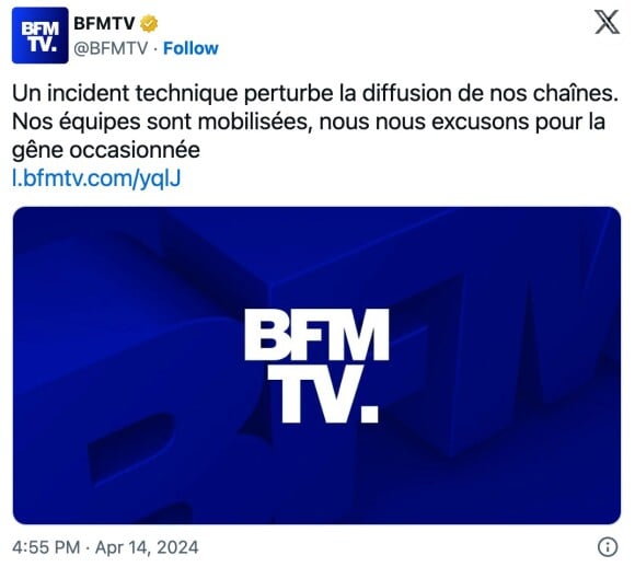 La chaîne BFMTV qui s'excuse sur X, anciennement Twitter auprès de ses téléspectateurs pour "la gêne occasionnée".