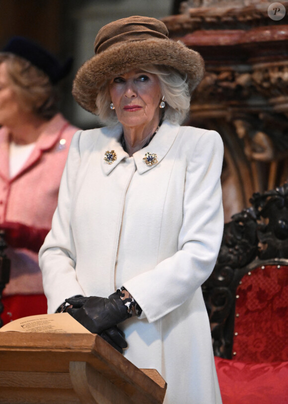 Camilla Parker Bowles, reine consort d'Angleterre, assiste au service Royal Maundy à la cathédrale de Worcester, le 28 mars 2024. 