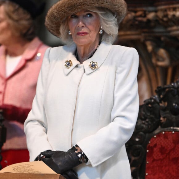 Camilla Parker Bowles, reine consort d'Angleterre, assiste au service Royal Maundy à la cathédrale de Worcester, le 28 mars 2024. 