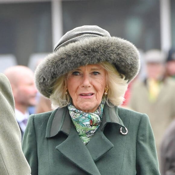 Camilla Parker Bowles, reine consort d'Angleterre, lors du festival hippique de Cheltenham, le 13 mars 2024. 