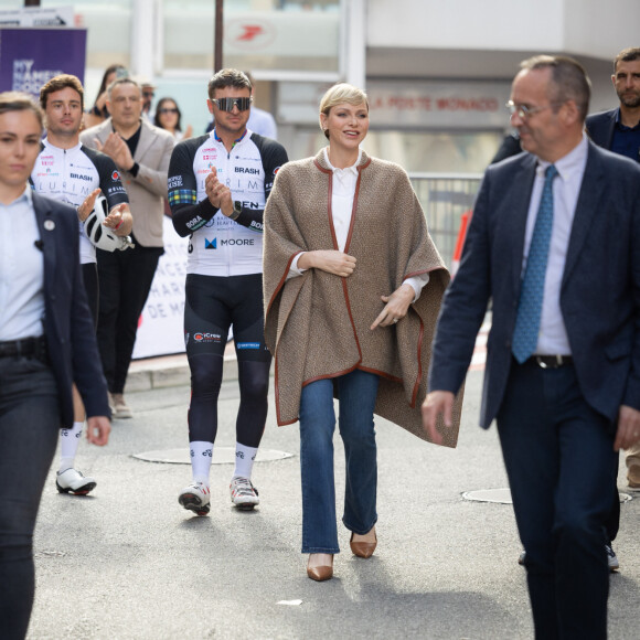 La princesse Charlène de Monaco assiste à l'arrivée de la 10ème édition de la randonnée cycliste caritative St Tropez à Monaco organisée par le COCC (Champagne & Oyster Cycling Club of Monaco) au profit de la Princesse Charlène de Monaco le 5 mai 2024. © Olivier Huitel / Pool Monaco / Bestimage